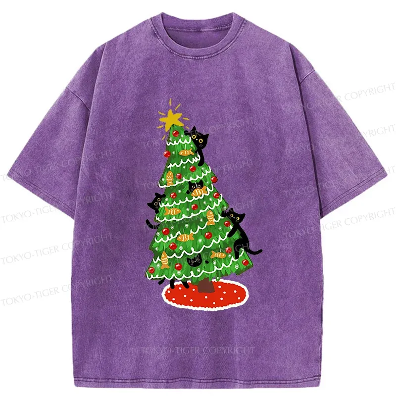 Tokyo-Tiger Christmas Tree Full Of Black Cats Washed T-Shirt