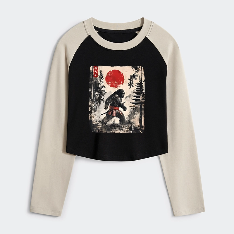 Tokyo-Tiger Japanese Samurai Bigfoot Women's Crop Raglan T-Shirt