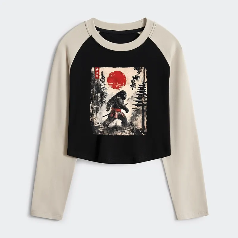 Tokyo-Tiger Japanese Samurai Bigfoot Women's Crop Raglan T-Shirt