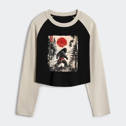 Tokyo-Tiger Japanese Samurai Bigfoot Women's Crop Raglan T-Shirt