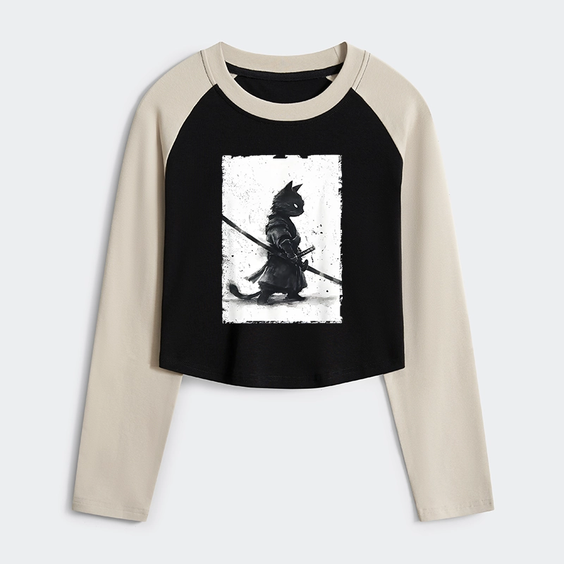 Tokyo-Tiger Retro Cat Samurai Japanese Women's Crop Raglan T-Shirt