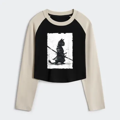 Tokyo-Tiger Retro Cat Samurai Japanese Women's Crop Raglan T-Shirt