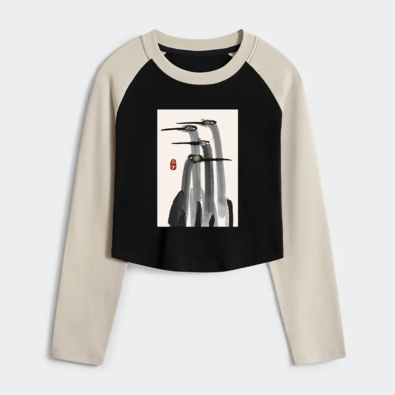 Tokyo-Tiger Japanese Crane Poster Women's Crop Raglan T-Shirt