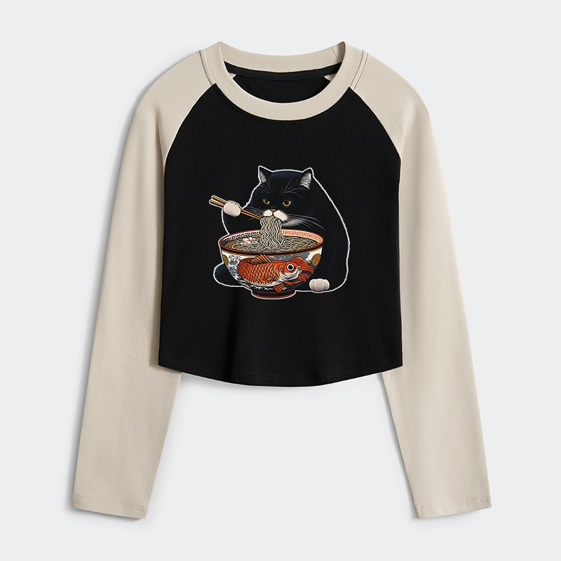 Tokyo-Tiger Fat Cat Eating Ramen Women's Crop Raglan T-Shirt