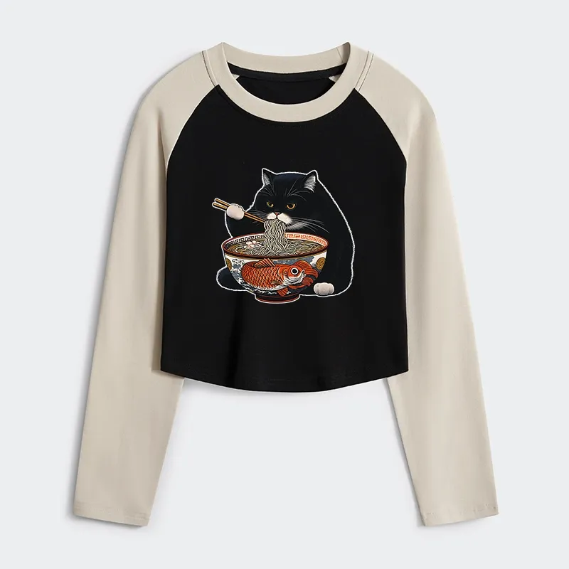 Tokyo-Tiger Fat Cat Eating Ramen Women's Crop Raglan T-Shirt