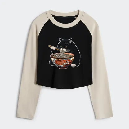 Tokyo-Tiger Fat Cat Eating Ramen Women's Crop Raglan T-Shirt