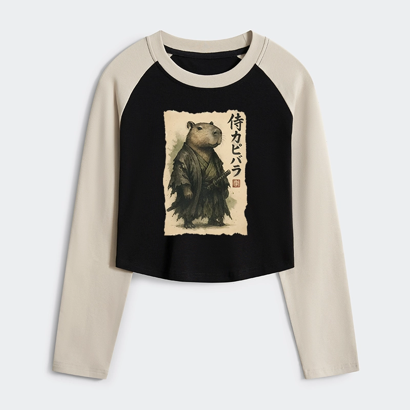 Tokyo-Tiger Capybara Samurai Women's Crop Raglan T-Shirt