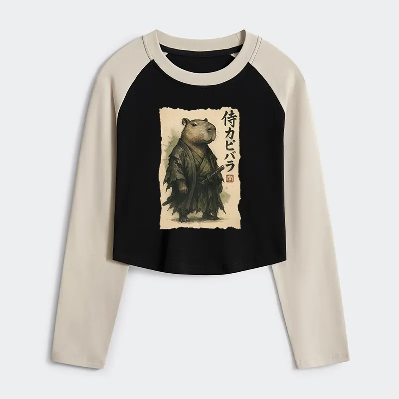 Tokyo-Tiger Capybara Samurai Women's Crop Raglan T-Shirt