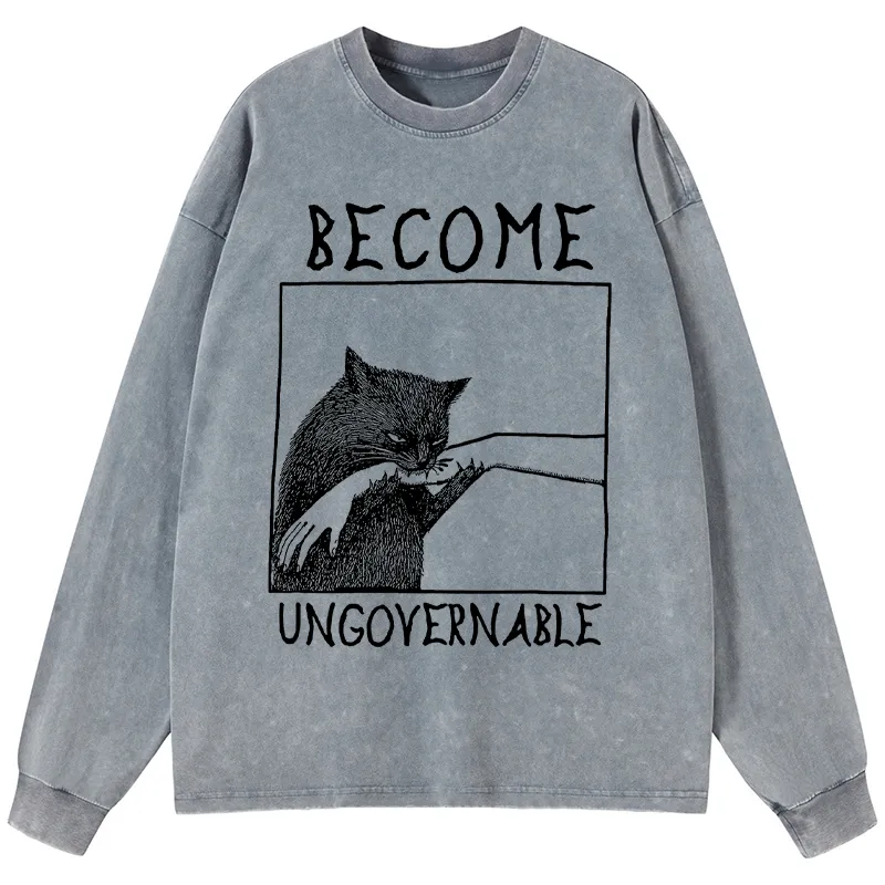 Tokyo-Tiger Cat Biting Arm Washed Long Sleeve T-Shirt