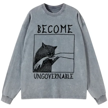 Tokyo-Tiger Cat Biting Arm Washed Long Sleeve T-Shirt