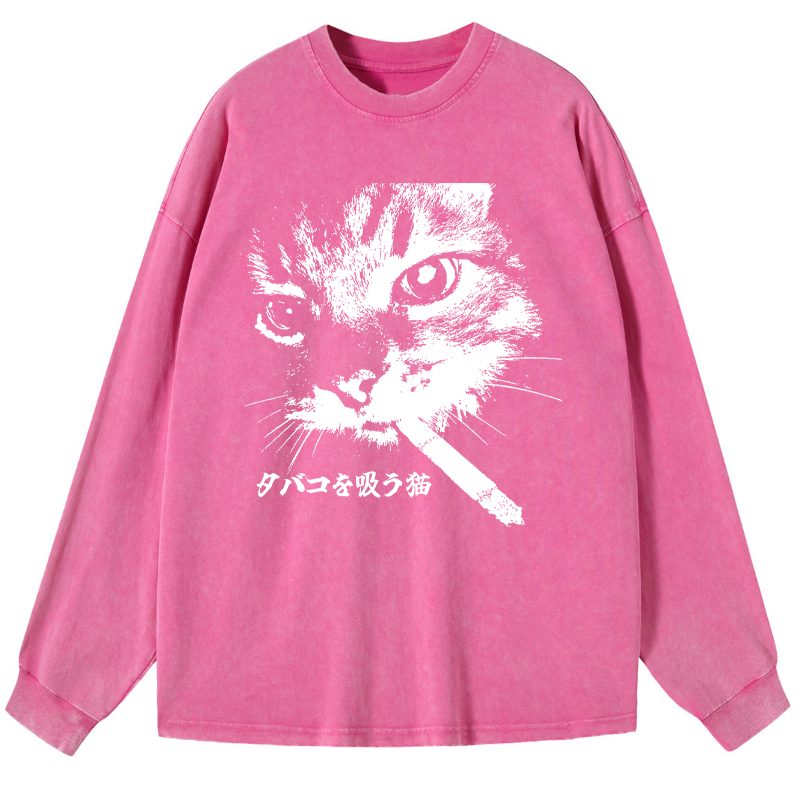 Tokyo-Tiger Retro Cat Smoking Washed Long Sleeve T-Shirt