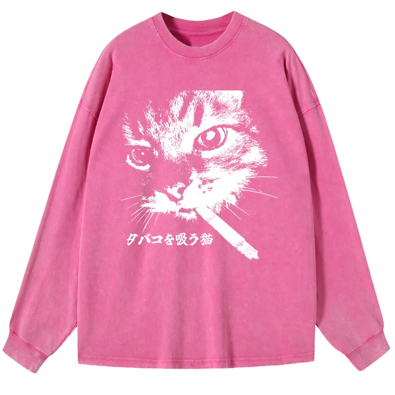 Tokyo-Tiger Retro Cat Smoking Washed Long Sleeve T-Shirt