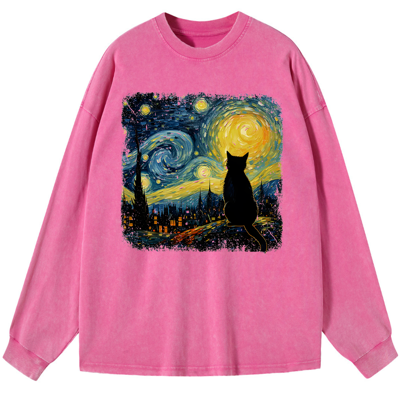 Tokyo-Tiger The Starry Night Cat Washed Long Sleeve T-Shirt