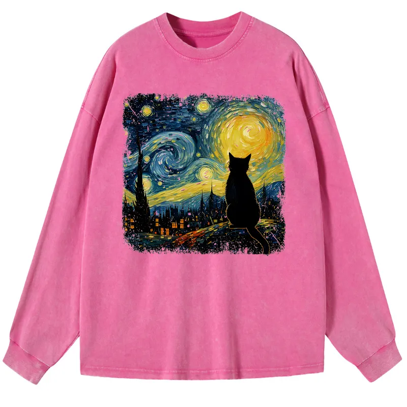 Tokyo-Tiger The Starry Night Cat Washed Long Sleeve T-Shirt