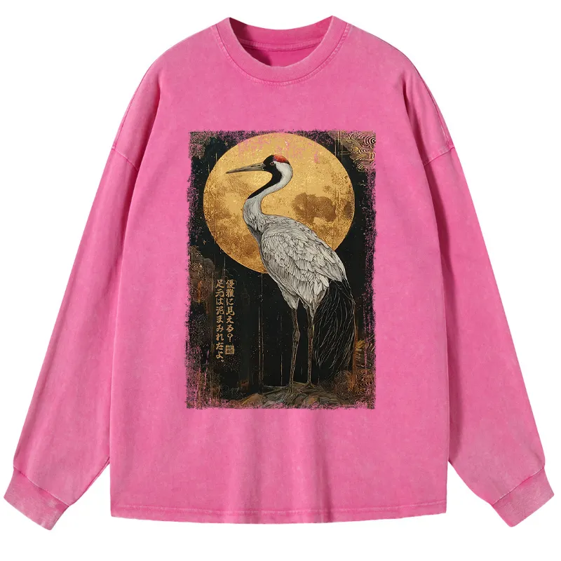 Tokyo-Tiger Vintage Japanese Crane Kanji Washed Long Sleeve T-Shirt