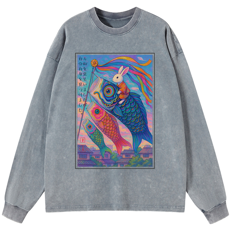 Tokyo-Tiger Ukiyoe Rabbit Ride Carp Streamer Poster Washed Long Sleeve T-Shirt