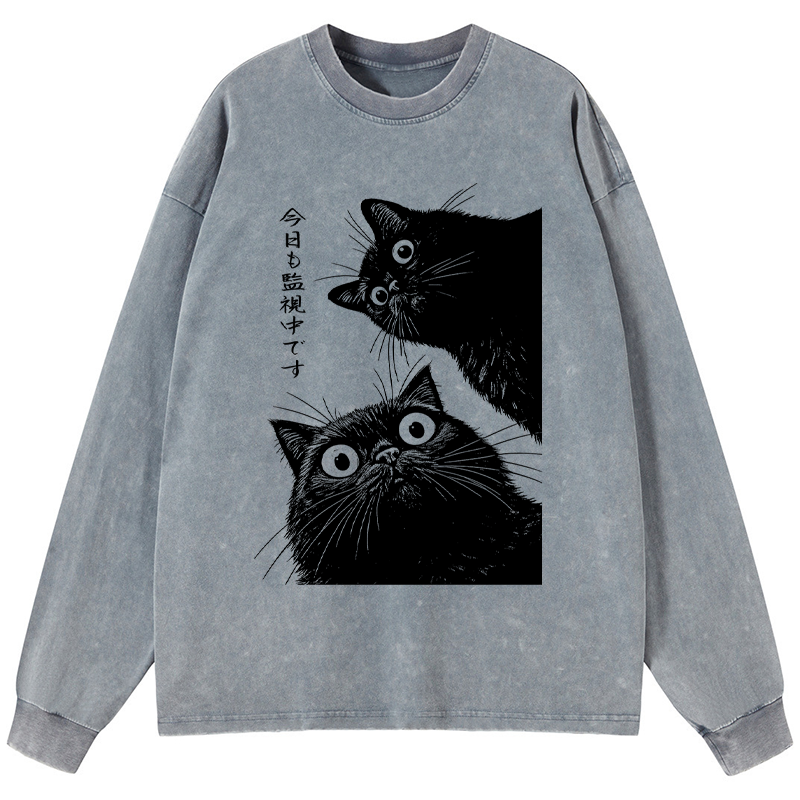 Tokyo-Tiger The Cat Is Watching Today Washed Long Sleeve T-Shirt