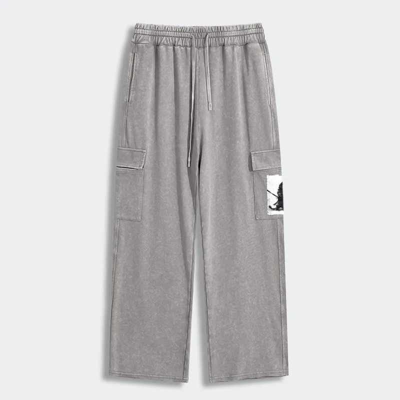 Tokyo-Tiger Retro Cat Samurai Japanese Washed Utility Sweatpants