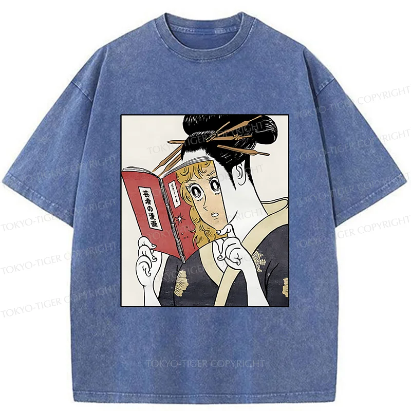 Tokyo-Tiger Geisha Reading Girls' Comics Washed T-Shirt