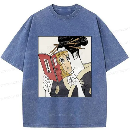 Tokyo-Tiger Geisha Reading Girls' Comics Washed T-Shirt