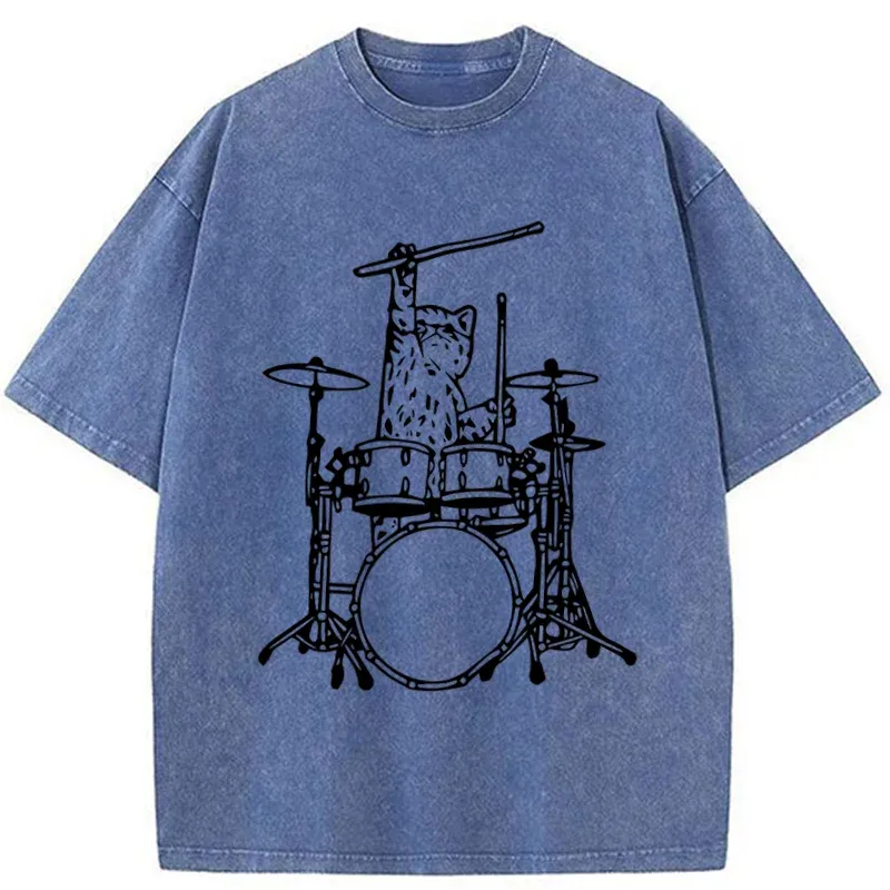 Tokyo-Tiger Handsome Cat Drummer Washed T-Shirt