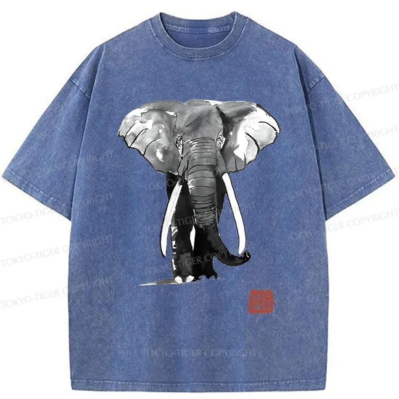 Tokyo-Tiger Elephant Ink Painting Washed T-Shirt