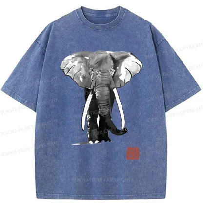 Tokyo-Tiger Elephant Ink Painting Washed T-Shirt