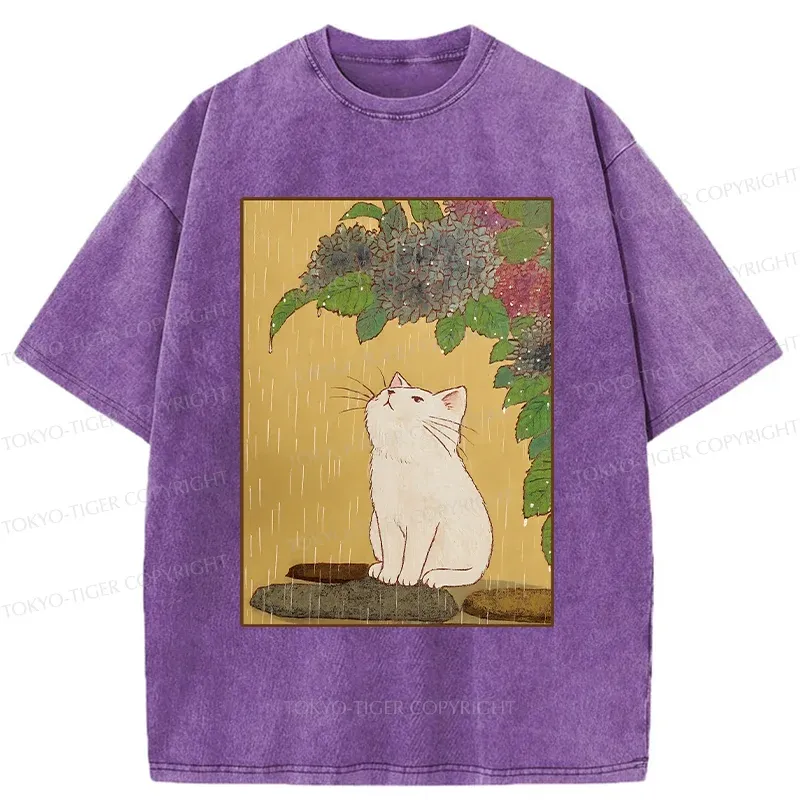Tokyo-Tiger Cat Enjoying Flowers Washed T-Shirt