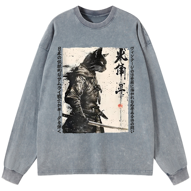Tokyo-Tiger Cat Samurai Retro Washed Long Sleeve T-Shirt