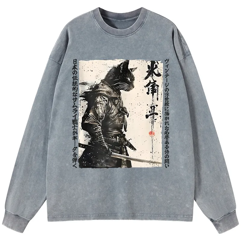 Tokyo-Tiger Cat Samurai Retro Washed Long Sleeve T-Shirt
