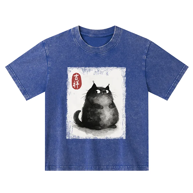 Tokyo-Tiger Auspicious Fluffy Black Cat Ink Painting Kids Washed T-Shirt
