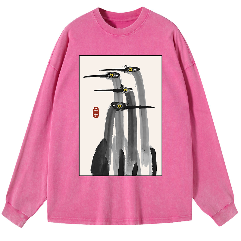Tokyo-Tiger Japanese Crane Poster Washed Long Sleeve T-Shirt