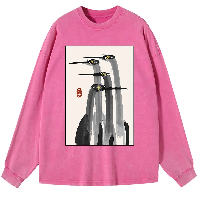 Tokyo-Tiger Japanese Crane Poster Washed Long Sleeve T-Shirt