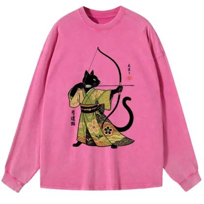 Tokyo-Tiger Japan Cat Archery Washed Long Sleeve T-Shirt