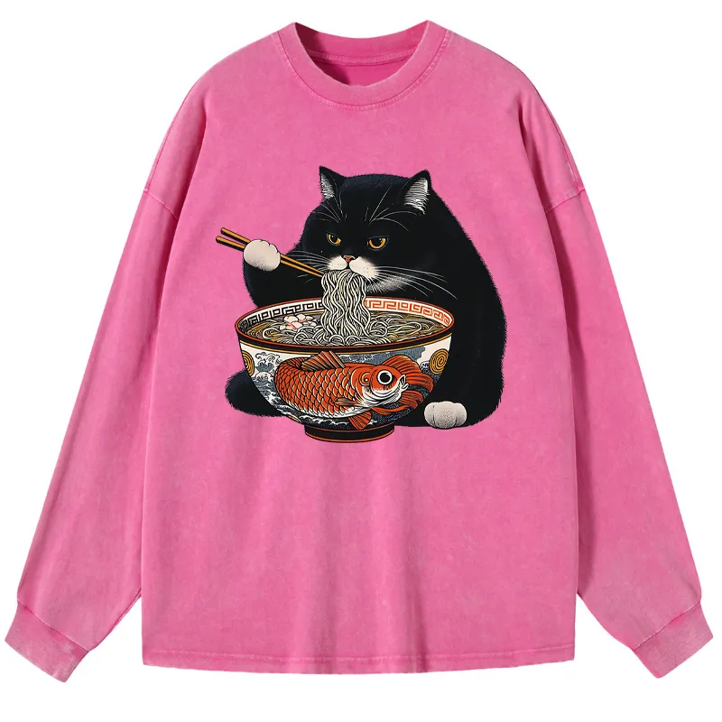 Tokyo-Tiger Fat Cat Eating Ramen Washed Long Sleeve T-Shirt