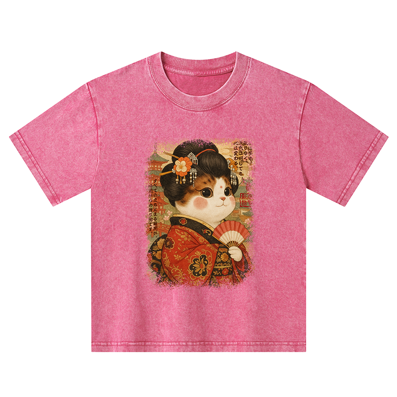 Tokyo-Tiger Ukiyoe Japanese Cat Princess Kids Washed T-Shirt