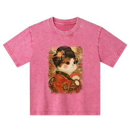 Tokyo-Tiger Ukiyoe Japanese Cat Princess Kids Washed T-Shirt