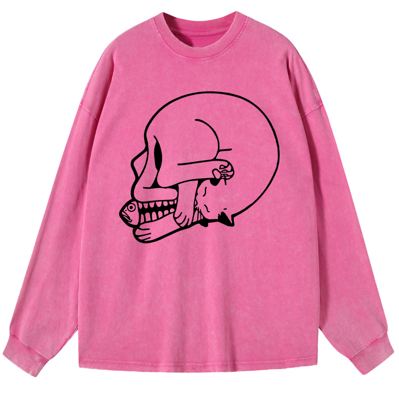 Tokyo-Tiger Funny Cat Eating Fish Washed Long Sleeve T-Shirt