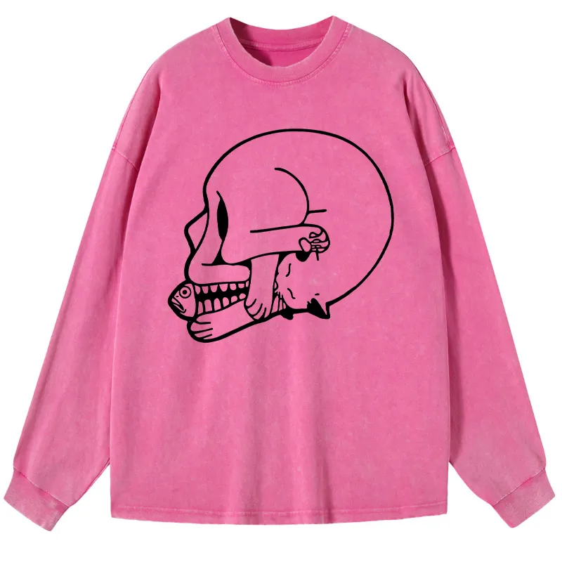 Tokyo-Tiger Funny Cat Eating Fish Washed Long Sleeve T-Shirt