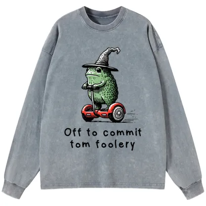 Tokyo-Tiger Frog Riding A Balance Scooter Washed Long Sleeve T-Shirt