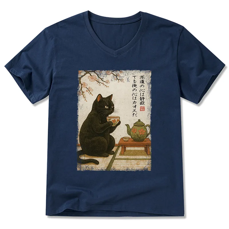 Tokyo-Tiger Tea Time With A Black Cat V-Neck Classic T-Shirt