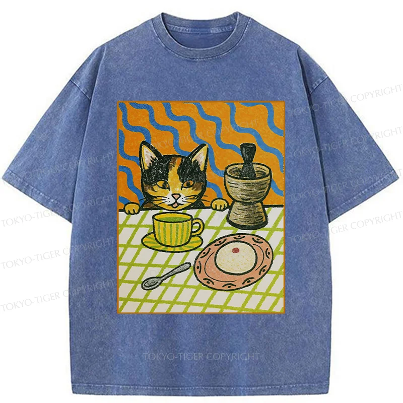Tokyo-Tiger Cat Waiting For Afternoon Tea Washed T-Shirt