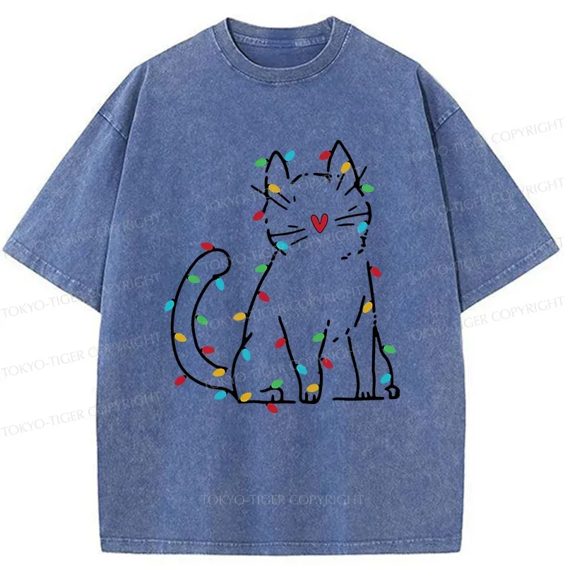 Tokyo-Tiger Christmas Lights Cat Washed T-Shirt