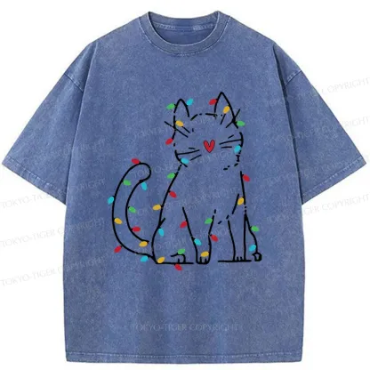 Tokyo-Tiger Christmas Lights Cat Washed T-Shirt