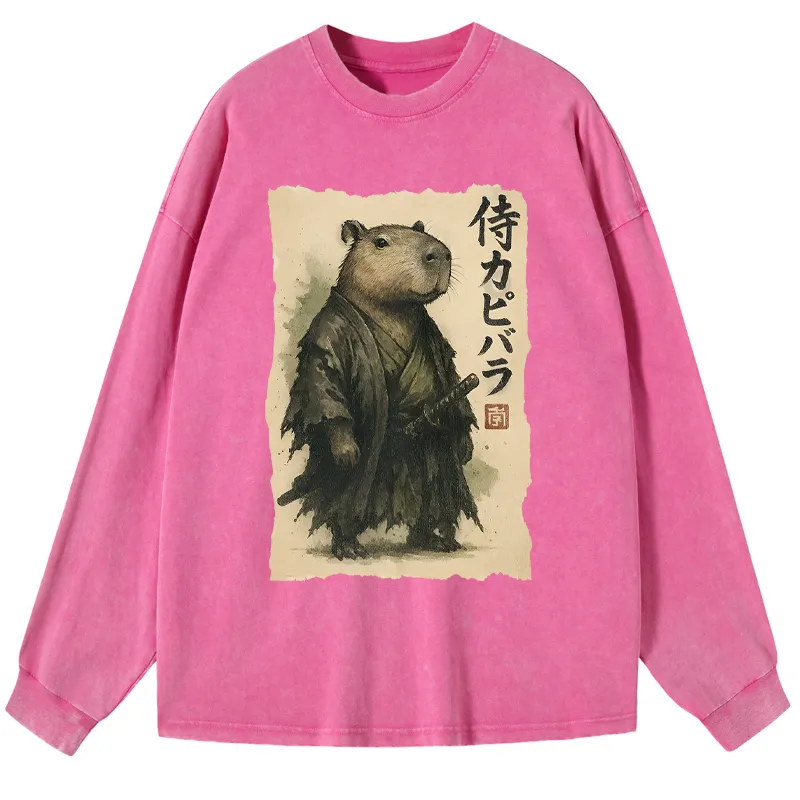 Tokyo-Tiger Capybara Samurai Washed Long Sleeve T-Shirt