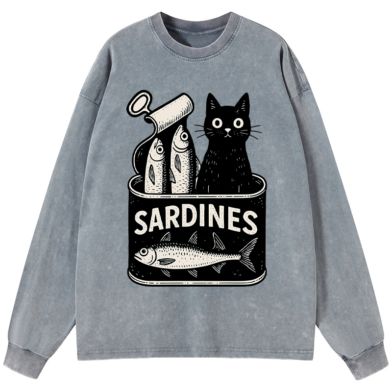 Tokyo-Tiger Cat And Canned Fish Washed Long Sleeve T-Shirt