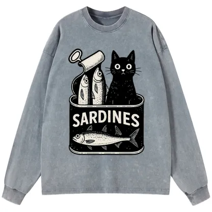 Tokyo-Tiger Cat And Canned Fish Washed Long Sleeve T-Shirt
