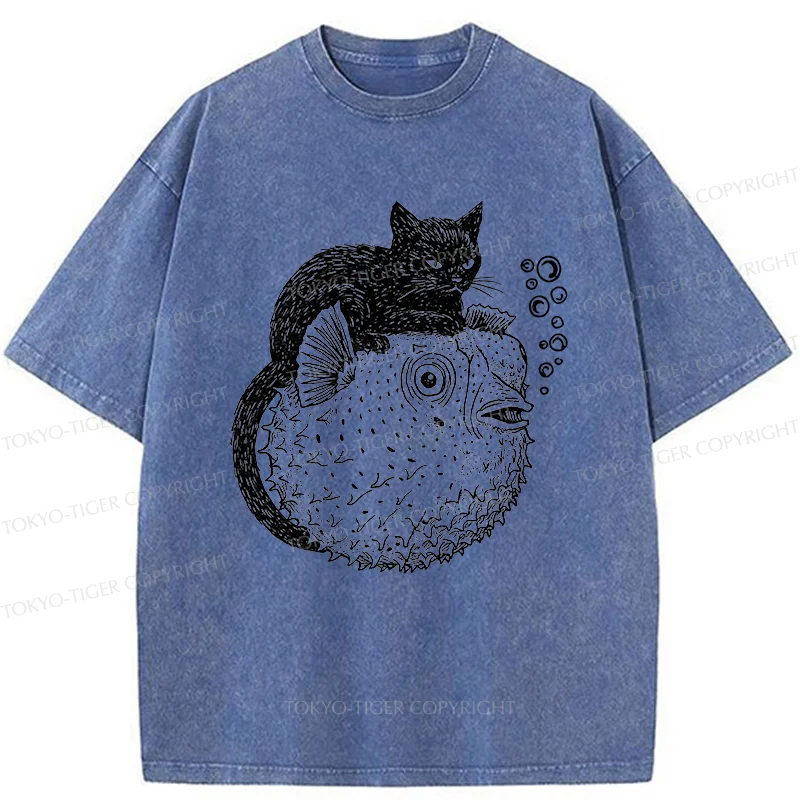 Tokyo-Tiger Black Cat Riding A Pufferfish Washed T-Shirt