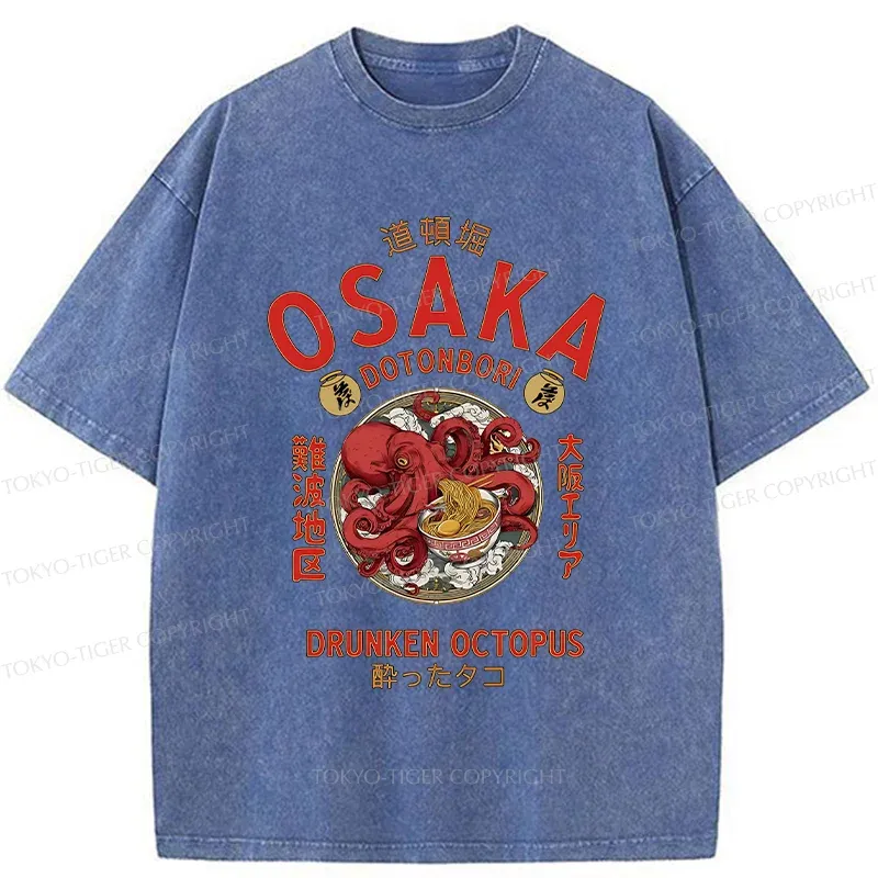 Tokyo-Tiger Osaka Octopus Eating Ramen Washed T-Shirt
