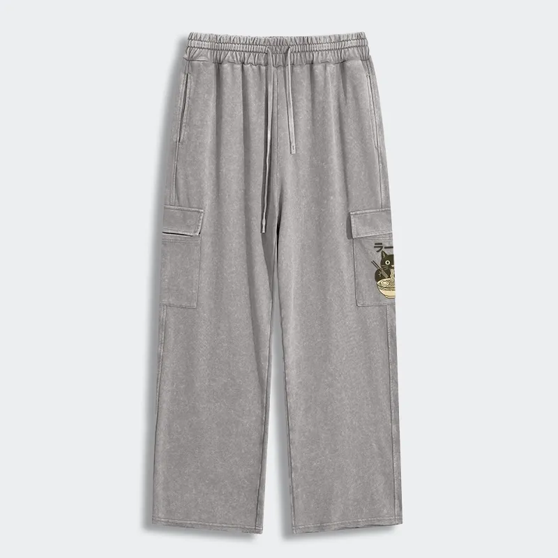 Tokyo-Tiger Simple Black Cat Eating Ramen Washed Utility Sweatpants